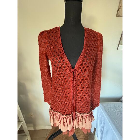 ANTHROPOLOGIE A’reve rust crochet cut out cardigan w tie front - Picture 3 of 10